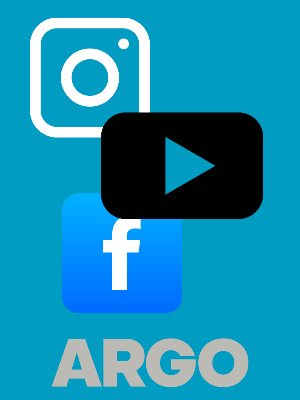 Logos of Instagram, Facebook, and a play button on a blue background with 'ARGO' text.