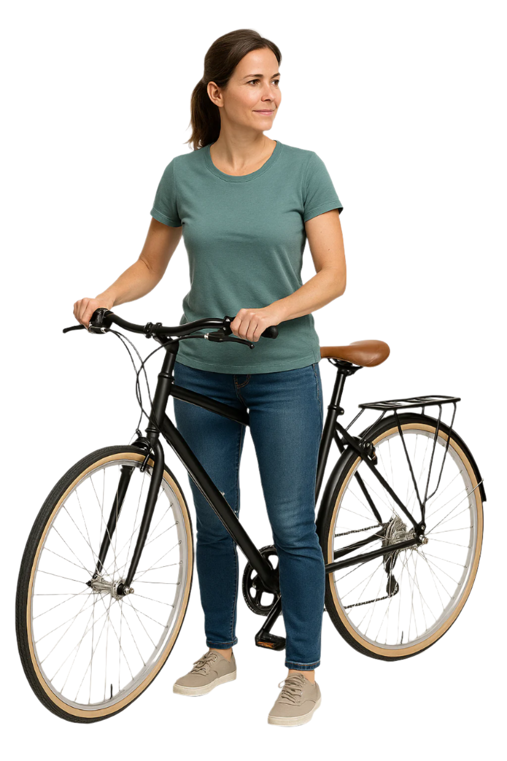 Woman holding a black bicycle on a white background